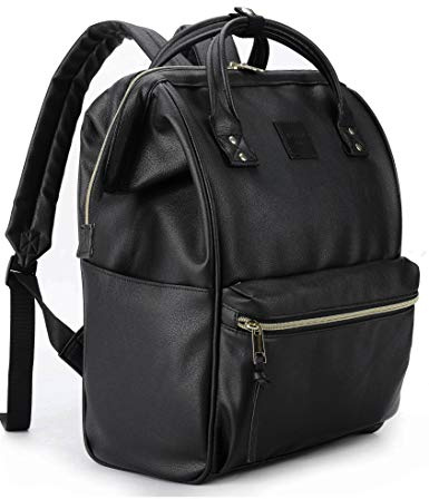 Kah&Kee laptopryggsäck i läder för kvinnor, 38 cm laptopväska, perfekt för lärare, arbete, skola, högskola och resor, Svart, L