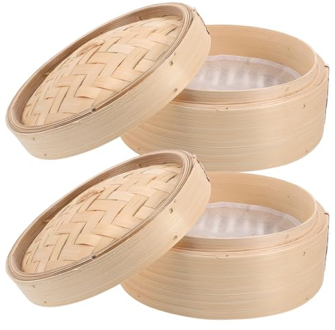 FELTECHELECTR 2pcs Bamboo Steamers Handmade Chinese Dim Sum Cookers with Cover for Healthy Cooking of Dumplings Rice Vegetables More Design