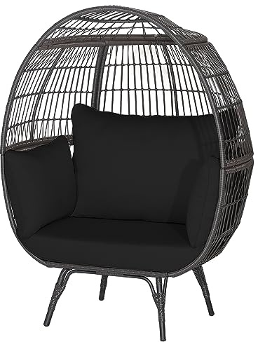 COSTWAY Rattan Egg Chair, Oversized Patio Lounge Chair with Cushions, Outdoor Indoor Wicker Egg Basket Seat Teardrop Chair for Living Room, Balcony, Garden and Porch, 180kg Load Capacity (Black)