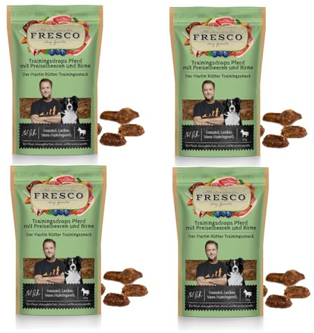 Fresco Martin Rütter Trainingsdrops Pferd mit Preiselbeeren und Birne | 4er Pack | 4 x 150 g | Natürlicher Monoproteinsnack für Hunde | Getreidefreie Rezeptur