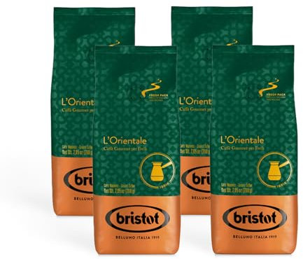 Bristot: L'Orientale - Caffè Macinato in Polvere ideale per estrazione con l'ibrik - Miscela proveniente dal Brasile, dall' Africa, dall'India e dal Sud Est Asiatico - 4 confezioni da 200 grammi