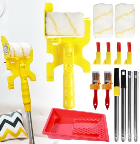 Paint Edger Roller Brush Kit,Clean-Cut Wall Paint Roller with Extension Pole and Tray,Handheld Paint Edger Combo Set,Portable Paint Supplies,Trimming Color Separation Paint Roller for Door Window