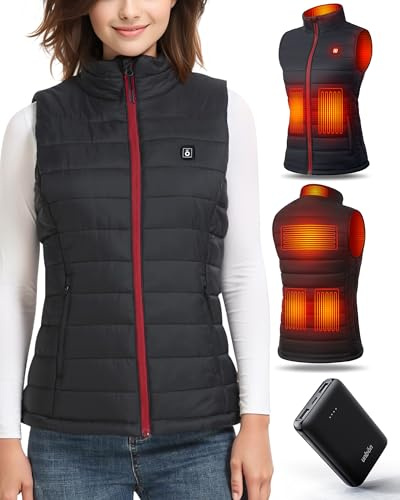 UNBON Veste Chauffante Femme, Gilet Chauffant Femme avec Batterie Incluse USB 10000mAh, Gilet Chauffant Électrique avec 3 Températures 6 Zones de Chauffage, Doudoune Chauffante sans Manche, Noir, S
