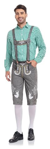 Bayerische Premium Lederhose Herren Tracht Trachtenhose Kurz Original Trachtenlederhosen Lederhosen mit Trachtenhemd Hosenträger Trachtenhut Schwarz Trachten Kurze für Oktoberfest Outfit