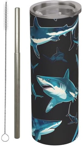 amepay Cute Shark - Vaso aislado de acero inoxidable con tapa, taza de viaje de 20 onzas de pescado azul oscuro, popote de metal reutilizable y cepillo, botella de vacío de doble pared para bebidas