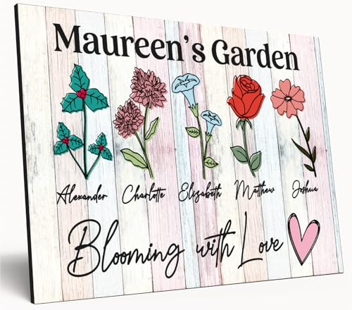 Personalised Birth Month Flower Sign Grandma's Garden Custom A4 Wooden Wall Art Rustic Garden Design Watercolour Custom Plaque for Mums