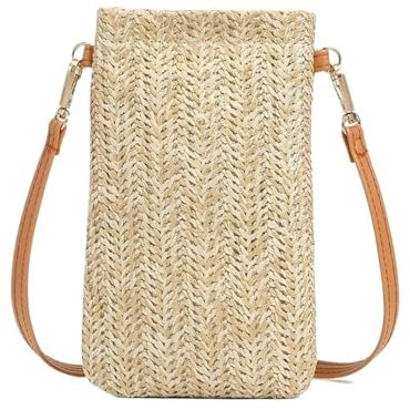 HESHUYAN Strohtasche Mode gewebtes Stroh Damen Umhängetasche Umhängetasche Sommer Strand Rattan Schultertasche Kleine solide Handy Geldbörse Runde Strohtasche(01)