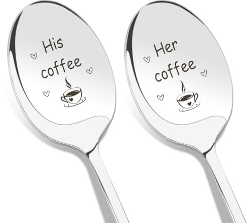 FuakUip Valentines Gifts, His Coffee/Her Coffee Engraved Couple Spoon, Stainless Steel, Modern Style, 7.67L x 1.26W, Dishwasher Safe