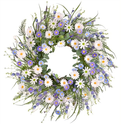 LSKYTOP 24Inch Daisy Flower Wreaths Purple Wreath with Green Eucalyptus Leaves and Lavender for Front Door Wall Window Indoors Decor