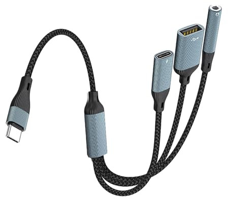 Illkjasfc Cable adaptador USB tipo C 3 en 1 3 5 mm sonido PD60W carga rápida OTG cable de datos para dispositivos