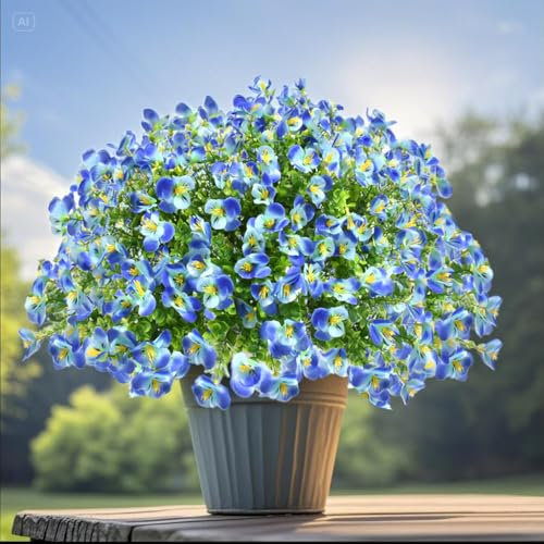 YUGYUM 10 Bundles Artificial Flowers Outdoor, Faux Plastic Blue Flower Greenery UV Resistant, Fake Shrubs Plants for Indoor Vase Outside Pot Garden Porch Décor Wedding Summer Decor