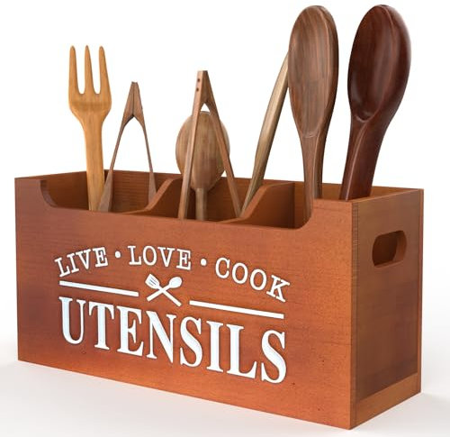 Lnopever Organizer da cucina,Utensili Da Cucina In Legno Con Base Di Drenaggio Rimovibile, Utilizzato Per Piani Cucina, Piani Di Lavoro Della Fattoria, Utensili Da Cucina, Marrone ,3 scomparti