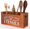 Porte Ustensiles Cuisine, Ustensiles de Cuisine Bois, Avec Base de Drainage Amovible, Pour Comptoirs de Cuisine, Outils de Cuisine de Comptoir de Ferme, Marron 3 Compartiments