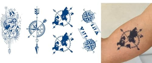 4 Blätter Langanhaltende Kompass Tattoo Welt Tattoo Semi-permanente Tattoo Semiwelt4