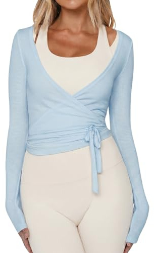 Top avvolgente da donna a maniche lunghe con scollo a V profondo e lacci incrociati per allenamento, balletto, pilates, yoga, Blu, S