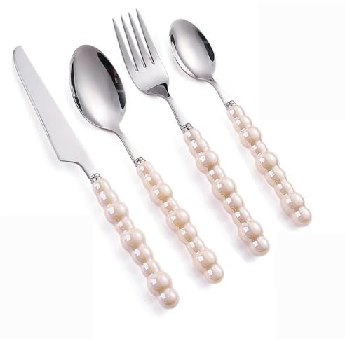 Ensemble d'argenterie de luxe avec poignée en céramique nacrée en acier inoxydable avec couteau à steak et cuillère à dessert pour hôtel et maison (beige, 4 pièces)