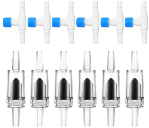 Psyqtsuary 12 Pcs Check Valve Aquarium Air Pump Accessories, 6 Check Valves+6 T Shaped Air Valves Non-Return Control Valve for 3/16 Aquarium Tubing (Black)