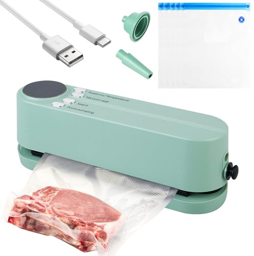 GOEDCH Mini máquina de envasado al vacío: 3 niveles de temperatura, succión fuerte 60 kPa, portátil e inalámbrico para almacenamiento de alimentos, 3 en 1 para bocadillos secos, húmedos y grasos