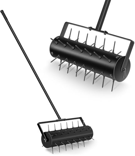 Lawn Aerator Roller, Heavy Duty Lawn Roller with Detachable Steel Handle, Outdoor Garden Lawn Tool, Manual Aerator Gardening Roller for Soil Grass (45x13x130cm, Black)