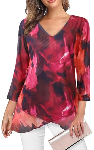 Adigaber Camicie Donna Casual in Chiffon Camicia Elegante di 3/4 Manica a Volant Scollo a V Bluse Leggero Classiaca