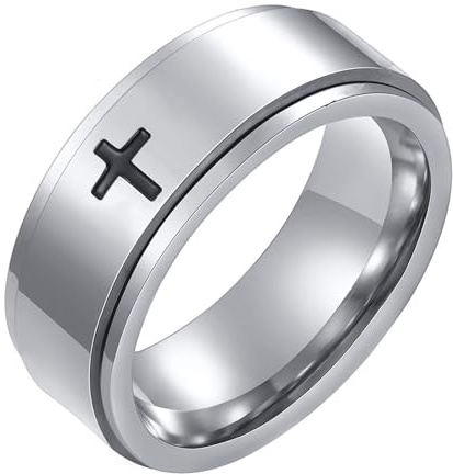 Calefee Drehring Edelstahl Damen Anti Stress, Ehering Herren Einzeln Schlicht Bandring Breit 6 mm 8 mm Drehbar mit Kreuz, Größe 47 bis 72