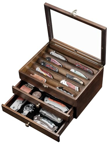 Emfogoo 3 Etagen Messerhalter, Holz Messerständer, Messer Vitrine mit Schublade und Hochauflösendem Glas, Sammelmesserständer für Aufbewahrung Verschiedene Messer, Heimdekoration (Nussbaum)