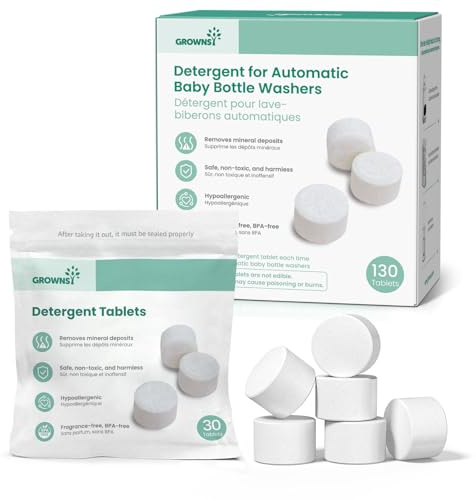 Grownsy Baby Bottle Washer Detergent Tablets, 130 PCS | Fits All Brands of Baby Bottle Washers, Removes Milk Residue, Grease & Odor from Bottles, Pump Parts & Feeding Essentials