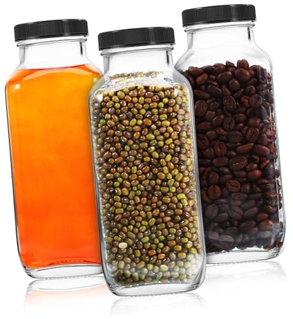 Cabilock 3 Botellas de Vidrio para Leche y Jugo de 500 Ml, Diseño Octogonal, Fácil de Limpiar y Reutilizables, Ideales para Almacenamiento en Cocina