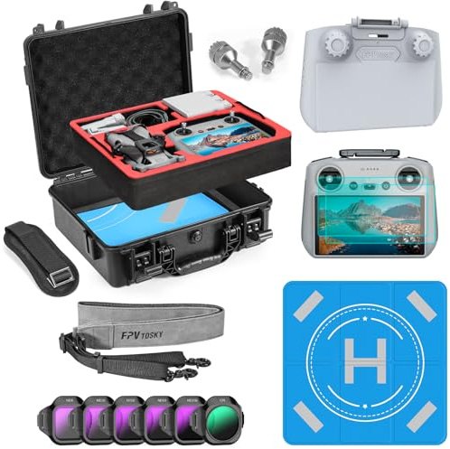 FPVtosky Hard Case Set for DJI Mini 5 Pro, Drone Accessories Kit Includes Dual Layer Case, RC2 Sunshade, Lanyard, RC2 Screen Tempered Glass Protector, Landing Pad, Filter Set, Joystick (7-IN-1)