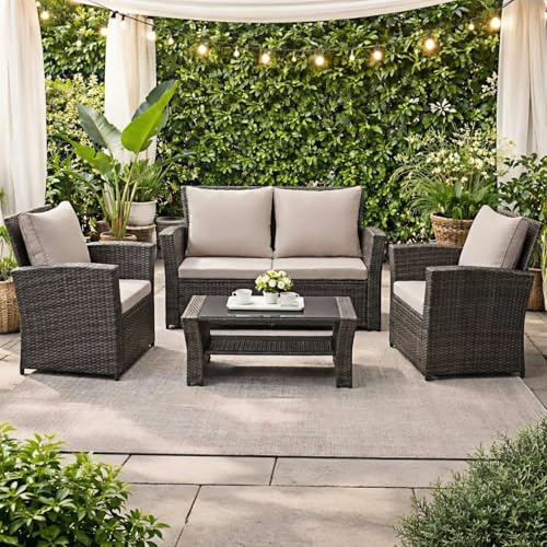 Atenza Polyrattan Gartenmöbel Set 4-teilig, Balkonmöbel Lounge Sitzgruppe | Wetterfeste Terrassenmöbel für 4 Personen, Glastisch mit praktischem Stauraum, waschbare Kissenbezüge mit Reißverschluss