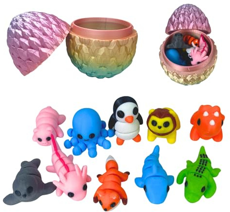 10 Figuras de Animales Miniaturas y Huevo Impresas en 3D, Juguetes articulados Flexibles Antiestrés Decoraciones de Oficina Regalos de Fiesta Artículos para Bolsas Sorpresas Recompensas para Niños