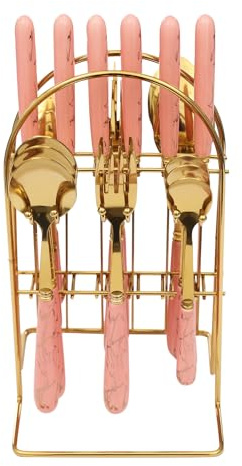 OUBUBY 24PC Cutlery Dinner Tableware Set Stainless Steel Silverware with Hanging Stand for 6 Person, Mirror Polishing Flatware Set Service Includes Forks, Spoons, Forks Tea Spoons (Gold+Pink)