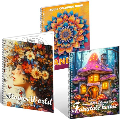 Aannanl 3 Mandalas Colorear Adultos,Libros para Colorear Adultos Mandalas, Mundo de las Flores, Temas de Casas de Cuentos de Hadas,A4 Libro Colorear Adultos con Espiral (Naranja)