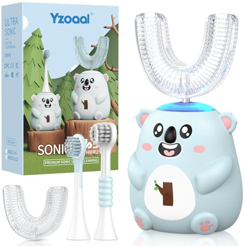 Elektrische Zahnbürsten für Kinder, 2-6/6-12,U-förmige Zahnbürste, Koala-förmige Zahnbürste, Ultraschall-Bürstenköpfe, 60 Sekunden-Timer (blau, 6-12 Jahren)
