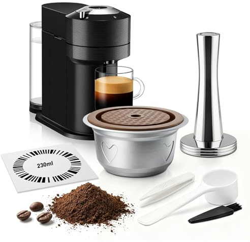 FOVNOT Reusable Coffee Capsules for Nes-resso Ve-tuo Pop/Next, Stainless Steel Refillable Pods with Food Grade Silicone Lids and 41mm Tamper (230mL)