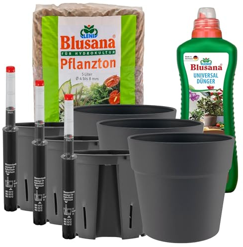 Leni Classic Hydrokultur Komplett-Set Ø 16 cm Höhe 14 cm 3er-Pack Anthrazit | Übertopf mit Pflanzton und Dünger, Blumentopf, Hydro-Bewässerungssystem mit Kulturtopf und Gießanzeige, für Zimmerpflanzen