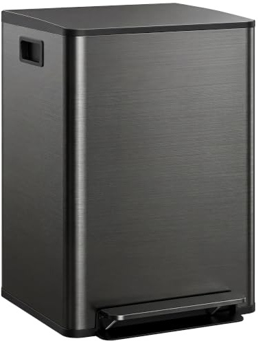 HOMCOM Mülleimer Küche 2x30L Softclose-Deckel Schwarz 47,7x37,5x66,8cm | Treteimer, Pedal, Fingerabdruckfreie Edelstahl, Mülltrennsystem, 2 Fächer Recycelbare Abfälle, Abnehmbarer Inneneimer