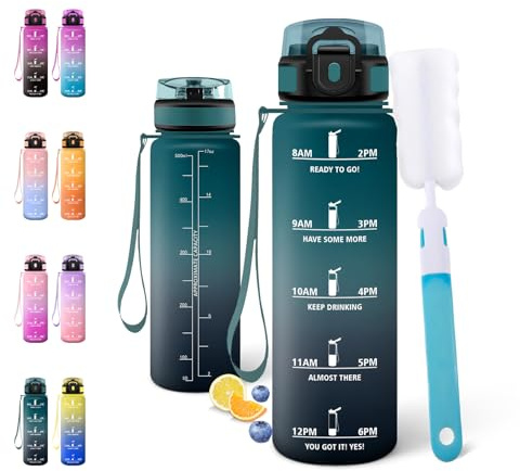 Motswedi Gourde Sport 0.5l, Bouteille d'eau, Gourdes Motivation, Comprend 1 éponge de Nettoyage, Anti Fuite, Bouteille Sport 500ml pour L'école, Bureau, le Fitness, la Gym, Vert foncé & Gris