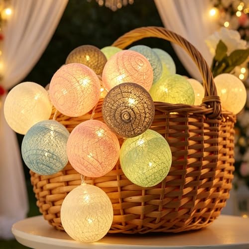 ZingBox LED Lichterkette Baumwollkugeln, 1,5M 10 LED, Macaron Cotton Ball | Batterie, Kugel Lichterketten, Baumwollkugeln, Cotton Ball Lichterkette für Weihnachten, Hochzeit, Kinderzimmer, Party Deko