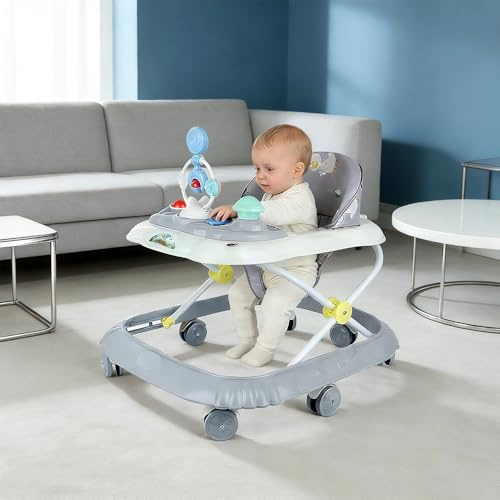 Gehhilfe mit 4 Höhenpositionen, von 6 bis 18 Monaten Baby-Lauflernhilfe, Faltbarer Lauflernwagen für Babys mit interaktivem Spieltisch mit Geräuschen, Kippschutz,67 x 72 x 92 cm – Gris (E)