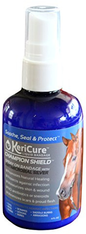 Champion Shield Silver Liquid Bandage Spray for Horses - 4oz Healing Silver Gel Spray for Livestock, Large Animal Wounds - Protective Sweatproof Barrier Blocks Flies - USEF Compliant Wound Protection