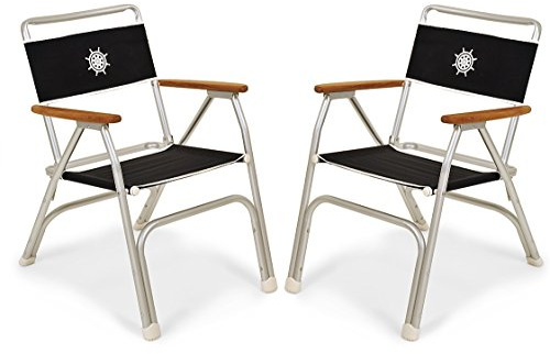 FORMA MARINE Boat Chairs Black Deck Folding Marine Aluminum Teak Furniture Set of 2 M100BLRV