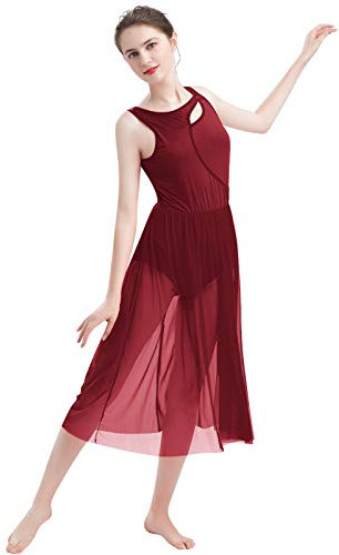 FYMNSI Damen Lyrisch Tanz Kleid Ärmellos Tüll Maxikleid Lyrische Modern Contemporary Tanzkostüm Trikot Latein Ballett Tüllkleider Ballettanzug Bühnenanzug Tanzkleidung Weinrot L