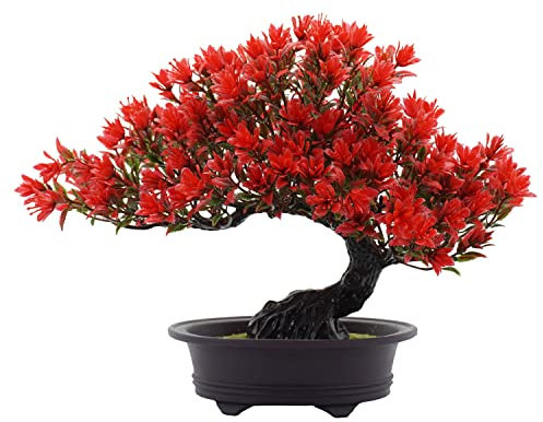 Verve Jelly Artificial Bonsai Tree, 9.4inch Simulation Pine Tree Potted Decoration, Fake Bonsai Ornaments for Home Office, Red, 24x32 cm (YNUK-JJ0669-R)