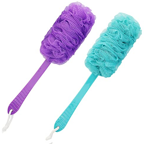 Back Scrubber Brush Long Handle for Shower, Loofah On a Stick Sponge Back Brush, Body Exfoliator Scrubber Bath Brush for Men Women, Exfoliating Cleaning Back Scrubber (2 Pack-Green+Purple)