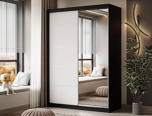 lukmebel Kleiderschrank Camaro II Plus - Kleiderstange Schrank - Schwebetürenschrank mit Spiegel 150x59x215 cm Schrank Weiß/Schwarz - Schlafzimmer Möbel - Aluminiumgriffe