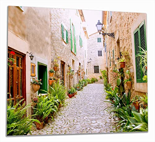 Wallario Herdabdeckplatte/Spritzschutz aus Glas, 2-teilig, 60x52cm, für Ceran- und Induktionsherde, Südländische Gasse mit Alten Häusern und grüner Oase