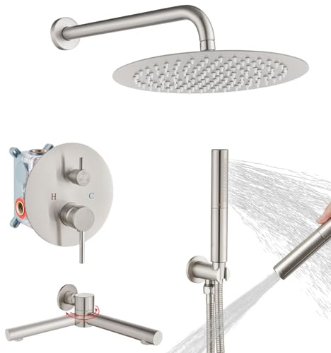Airuida Badewannen-Duschsystem mit Wannenauslauf, gebürstetes Nickel, 3 Funktionen, schwenkbare Badewanne, Duscharmatur-Set mit Wannenauslauf, 30,5 cm, runder Regenduschkopf, 2 Funktionen, Handbrause