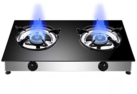 IBOWZ Plaque de Cuisson Gaz Table de Cuisson à gaz Cuisinière à gaz de Paillasse en Verre avec louche Noire de 71 cm,Cuisinière intérieure Portable GPL/GN,Brûleur GPL/GN de Camping en Plein air au