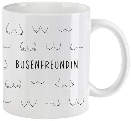 Tasse Busenfreundin mit gezeichneten Brüsten | Weiß | Keramik, 330 ml, beidseitig bedruckt, spülmaschinenfest, mikrowellengeeignet, Geschenk für beste Freundin, Geburtstag